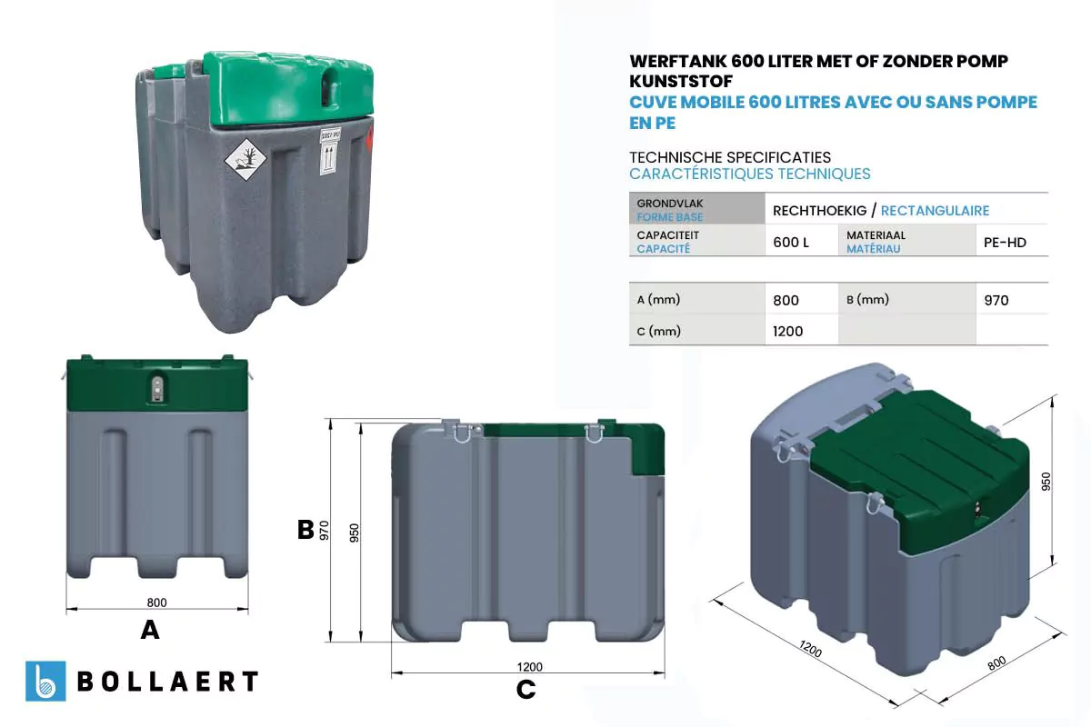 Citerne mazout mobile PE-HD - 600 litres - avec ou sans pompe 3