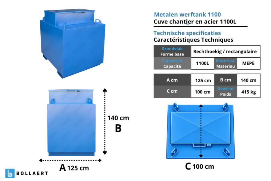 Cuve chantier en acier - 1100 litres - avec ou sans pompe