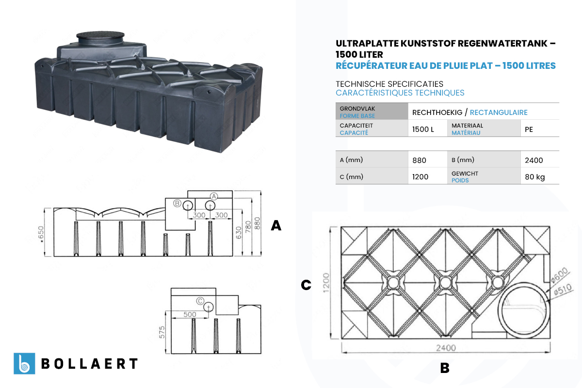 Citerne à eau de pluie ultraplate – 1500 litres