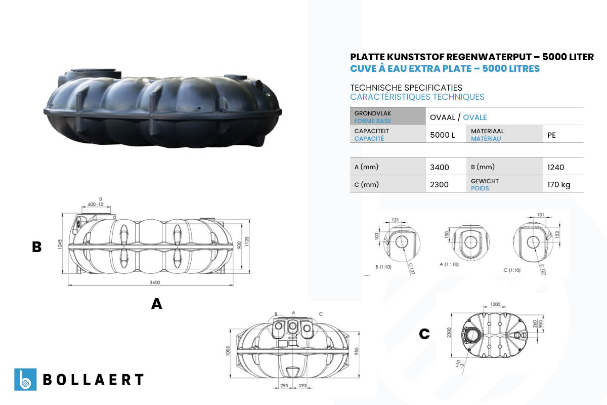 technische tekening platte kunststof regenwaterput 5000 liter