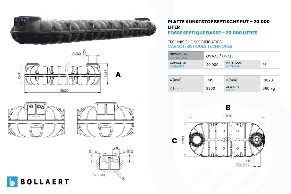 technische tekening platte kunststof septische put 20000 liter