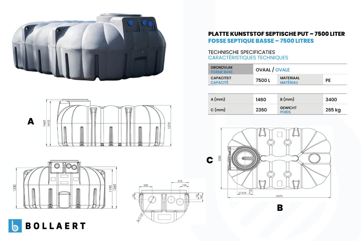 technische tekening platte kunststof septische put 7500 liter