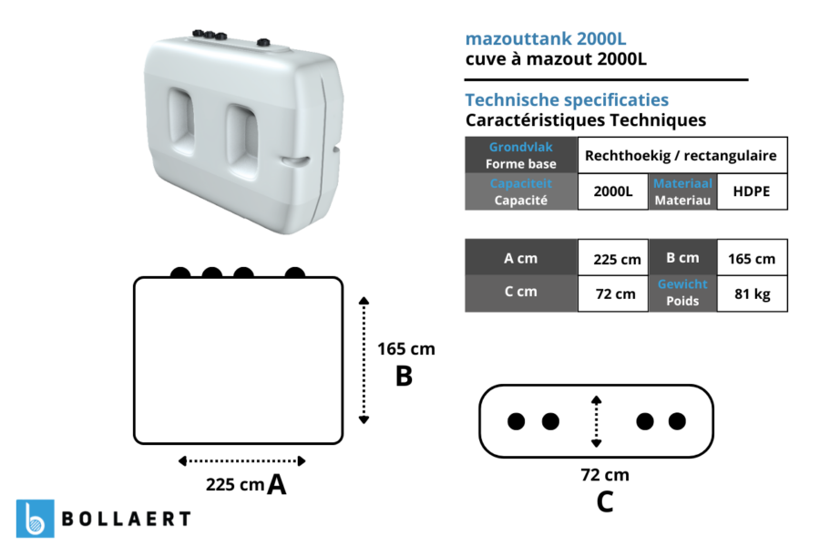 Citerne mazout PE 2000 litres - aérienne simple paroi