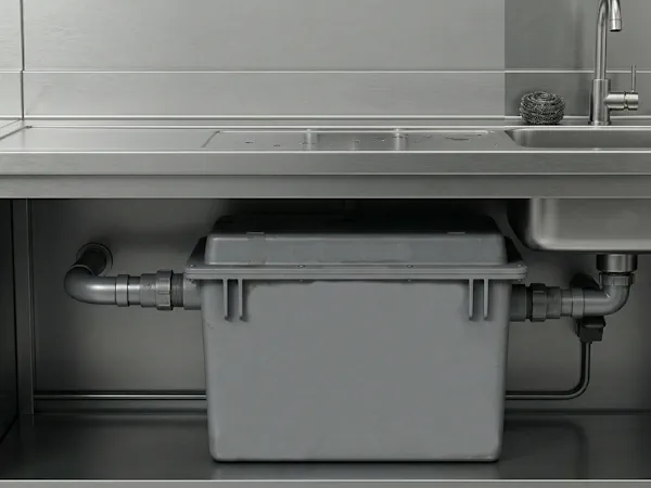 Bac à graisse compact gris posé sous un plan de travail en inox et raccordé à l’évacuation de l’évier