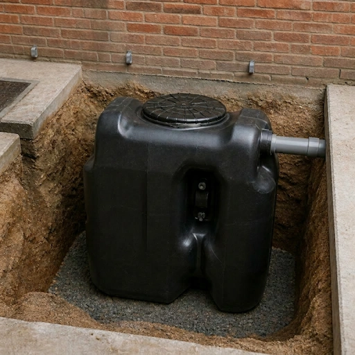 Bac à graisse noir posé sur un lit de gravier au fond d’une fosse creusée le long d’un mur de briques, avec son tuyau de raccordement