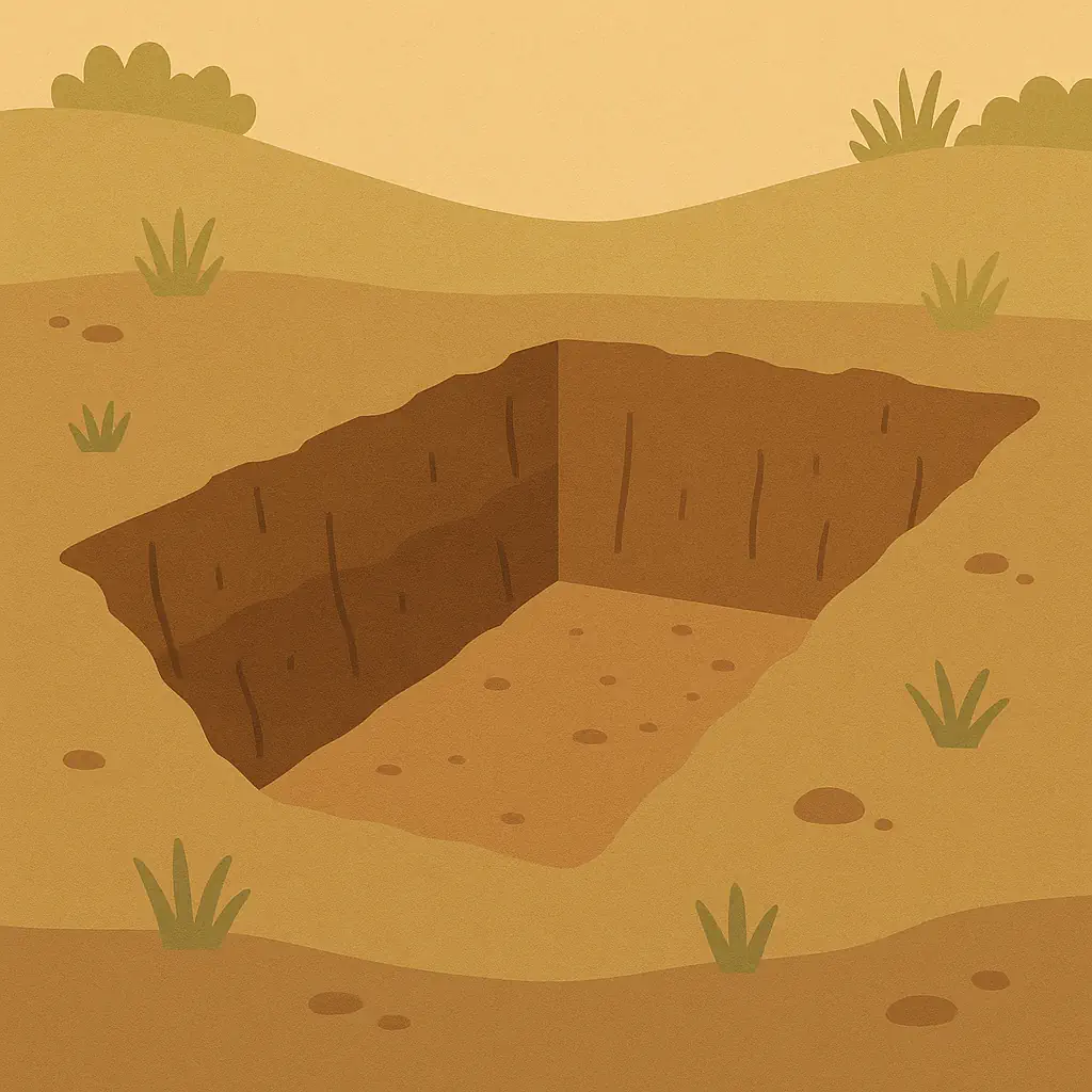 Illustration : fosse rectangulaire creusée dans la terre, à fond plat