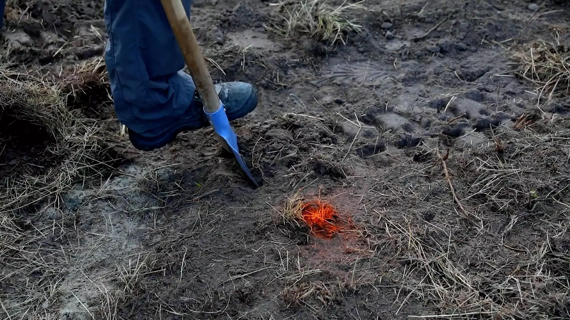Bêche enfoncée dans la terre à côté d’une marque orange tracée au sol