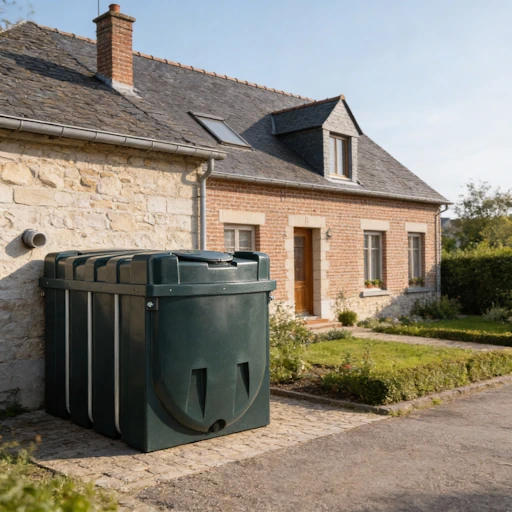 Cuve à mazout verte en plastique posée sur des pavés devant une maison en pierre et en briques