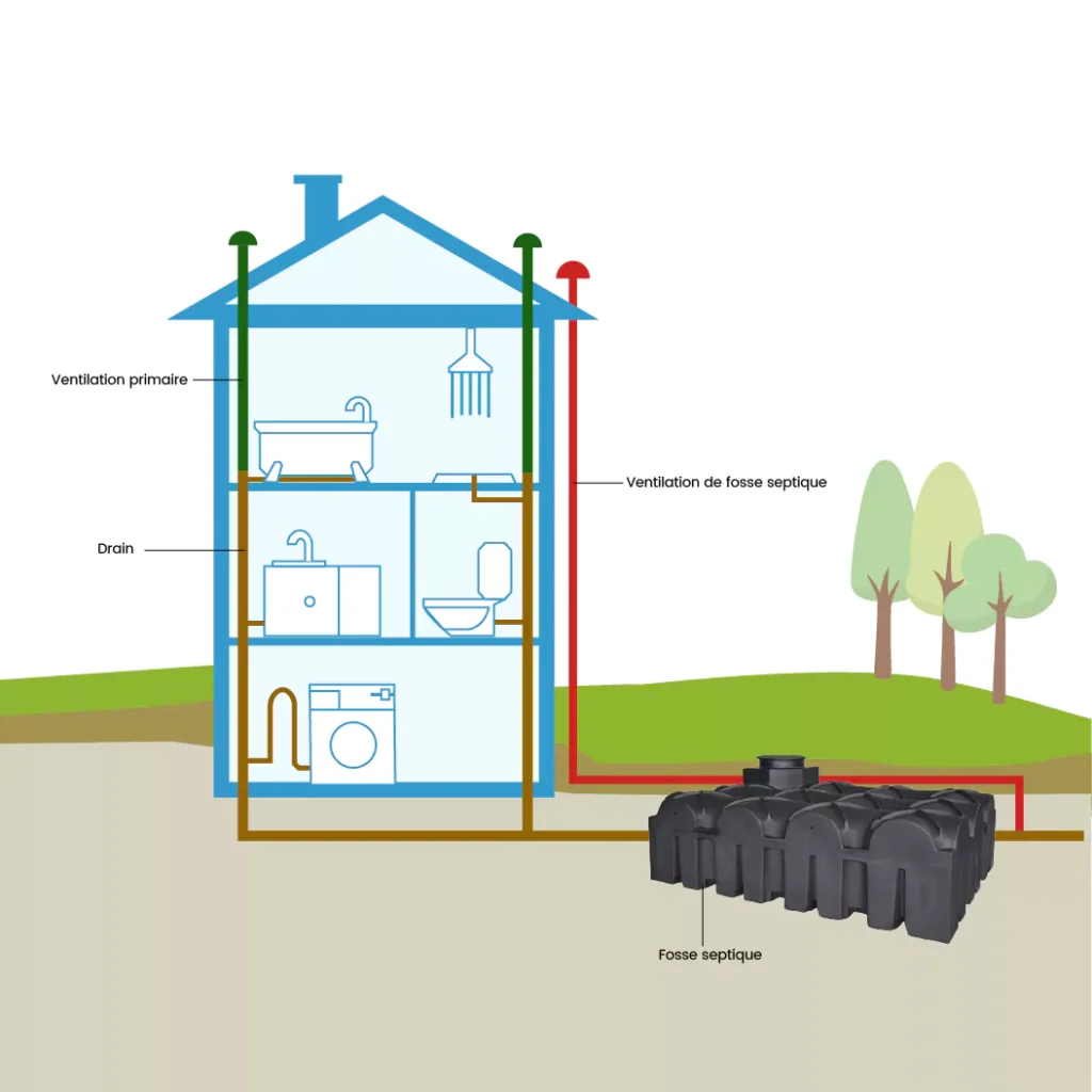 Schéma en coupe d’une maison reliée à une fosse septique enterrée : les conduits de ventilation primaire traversent le toit, le conduit de ventilation de la fosse monte le long de la façade jusqu’au-dessus du toit