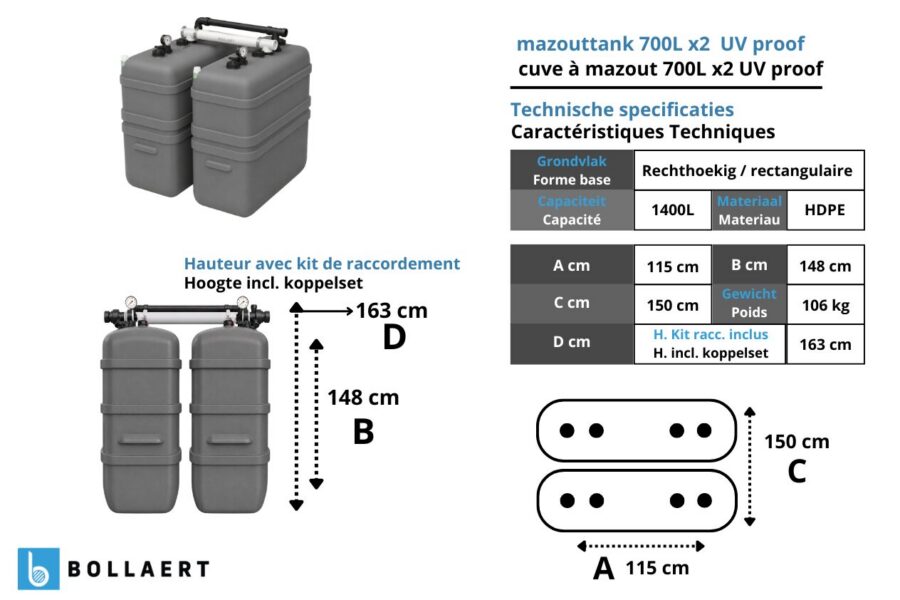 Cuve à mazout à double paroi : 2 x 700 L (= 1400L) résistante aux UV – jumelage en largeur