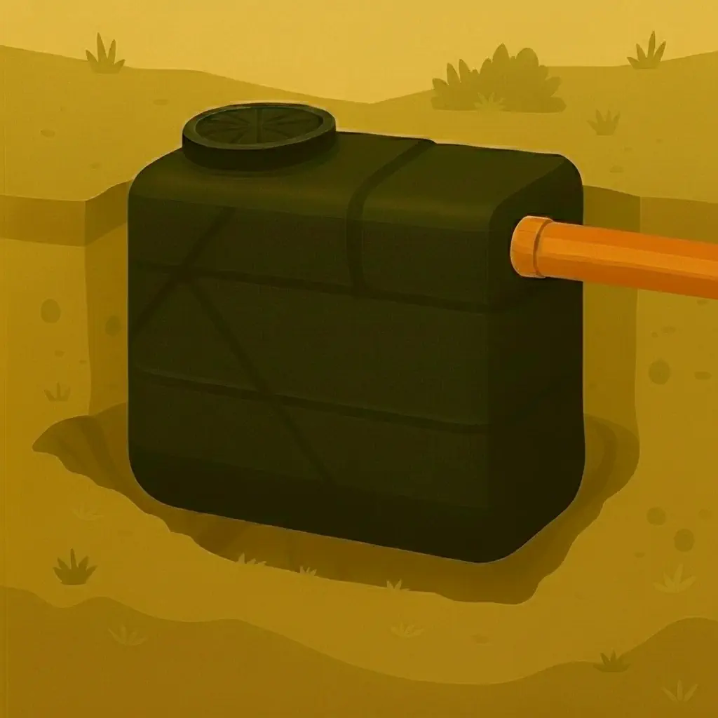 Illustration : bac dégraisseur noir en place dans la fosse, raccordé à un tuyau orange