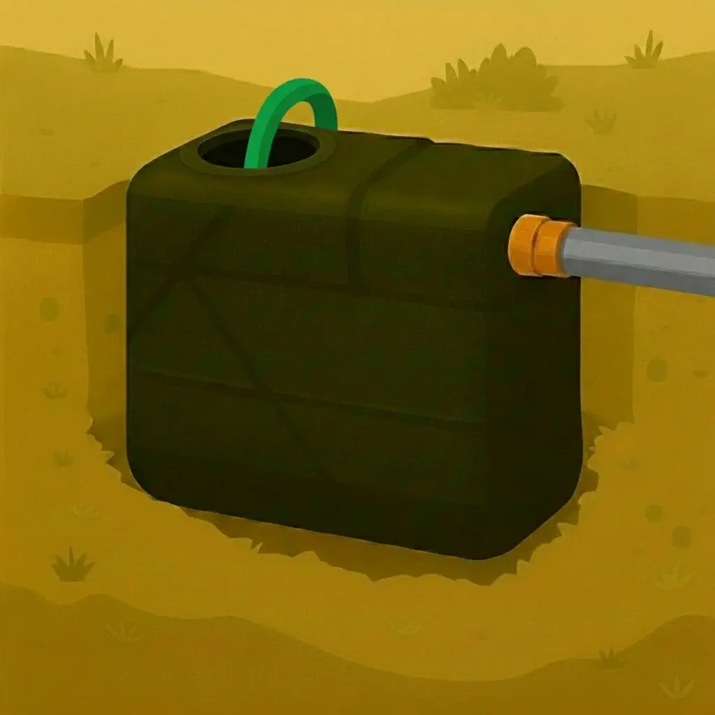 Illustration : un tuyau d’arrosage vert remplit d’eau le bac dégraisseur enterré