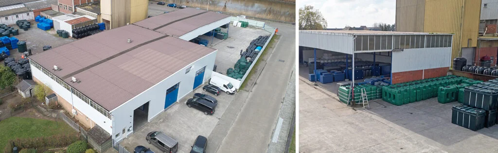 Le dépôt Bollaert vu du ciel, entouré de cuves en plastique, et son hangar ouvert qui abrite des cuves bleues, avec des cuves vertes et noires alignées devant, dans la cour